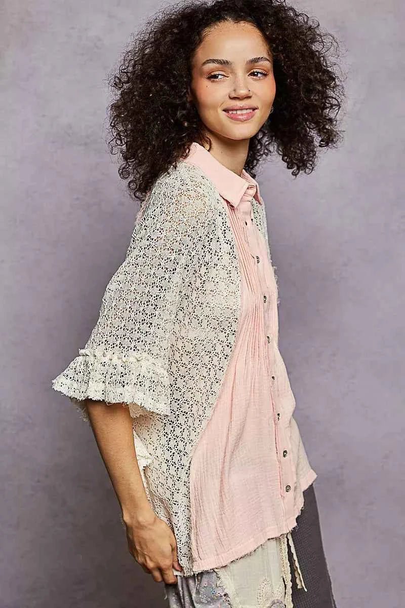 POL Button Down Front Pleated Shirt with Crochet Patch - Liorienne