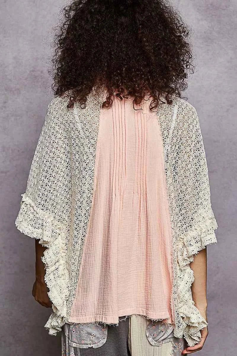 POL Button Down Front Pleated Shirt with Crochet Patch - Liorienne