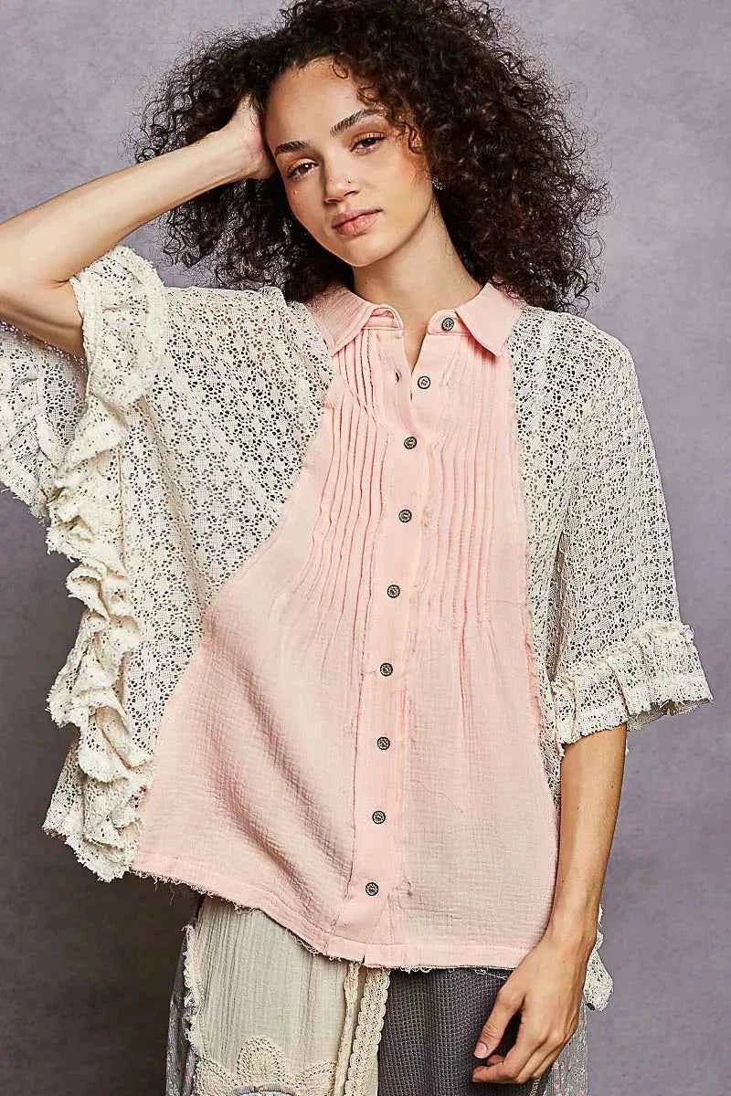 POL Button Down Front Pleated Shirt with Crochet Patch - Liorienne