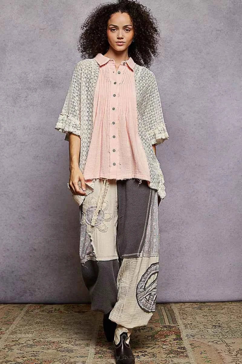 POL Button Down Front Pleated Shirt with Crochet Patch - Liorienne