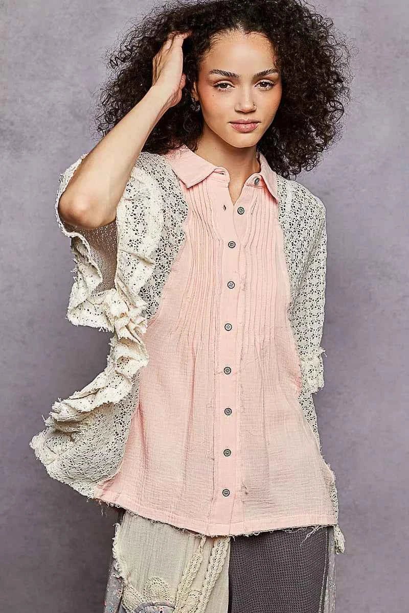 POL Button Down Front Pleated Shirt with Crochet Patch - Liorienne
