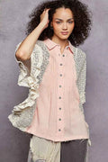POL Button Down Front Pleated Shirt with Crochet Patch - Liorienne