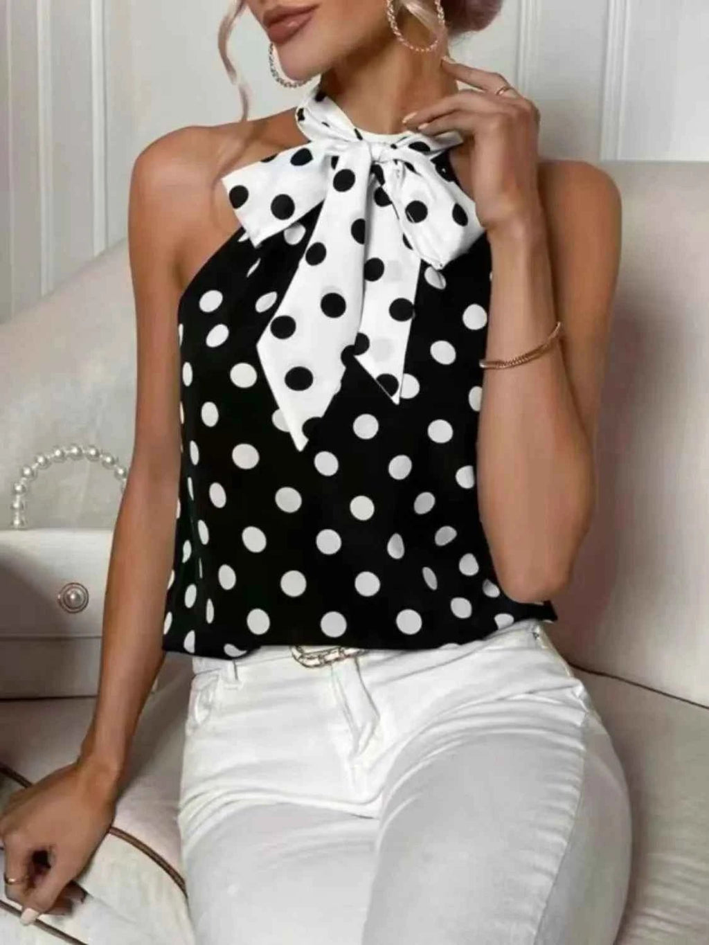 Polka Dot Tie Front Cami - Liorienne