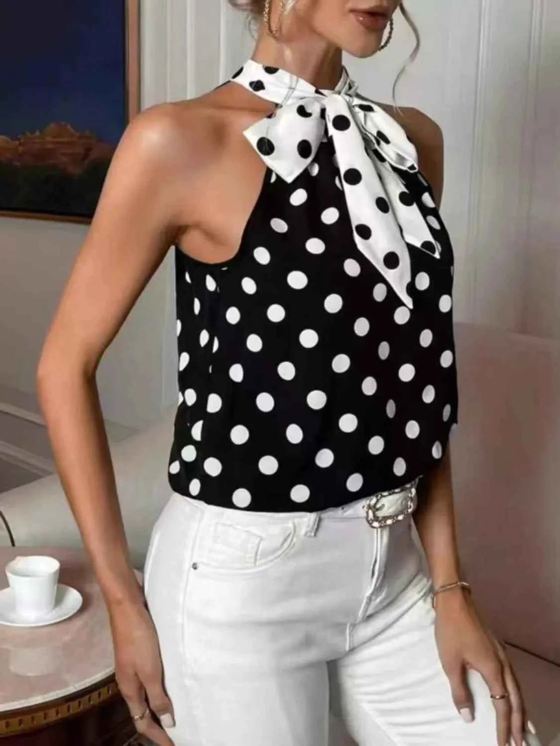 Polka Dot Tie Front Cami - Liorienne