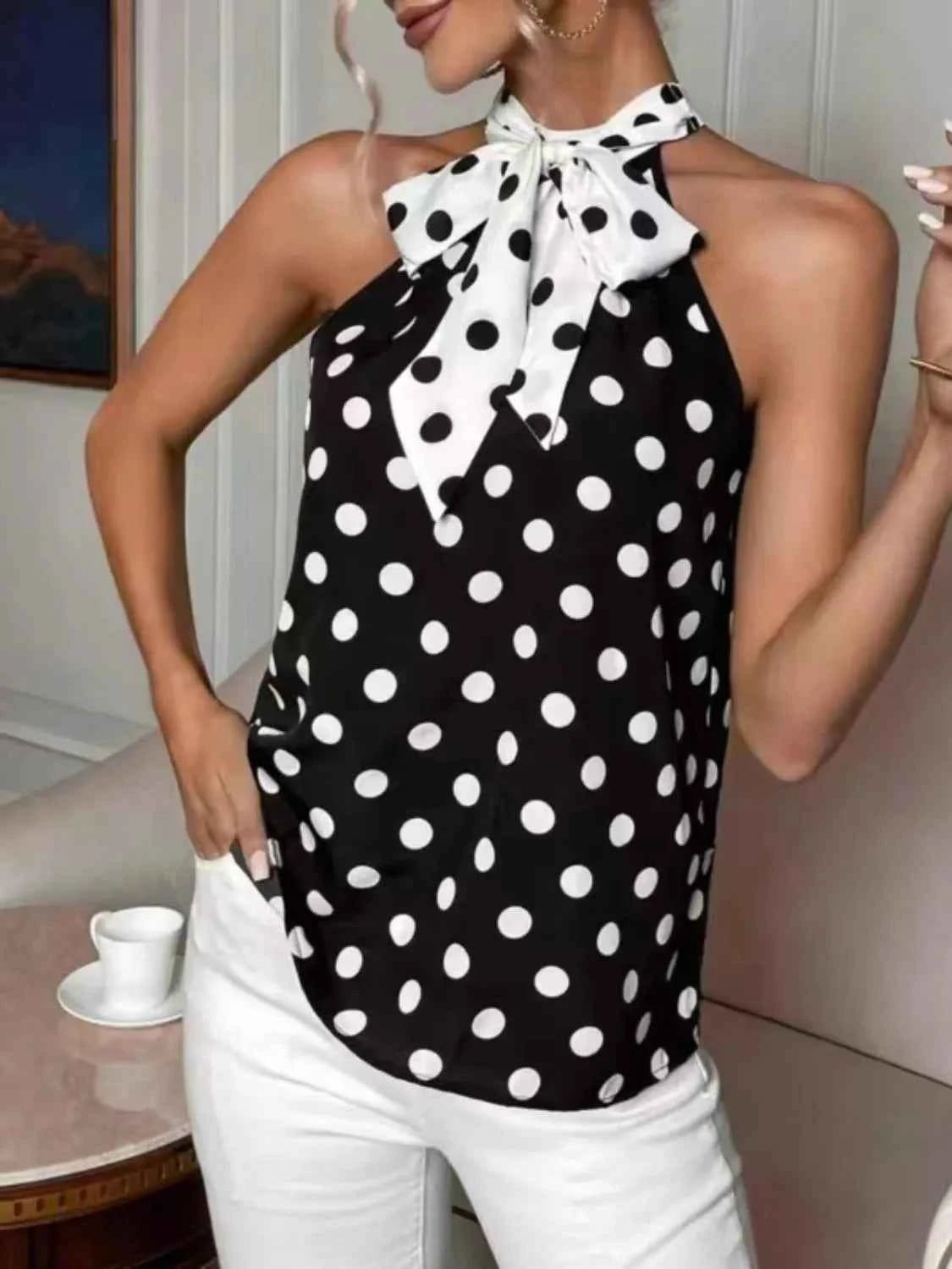 Polka Dot Tie Front Cami - Liorienne