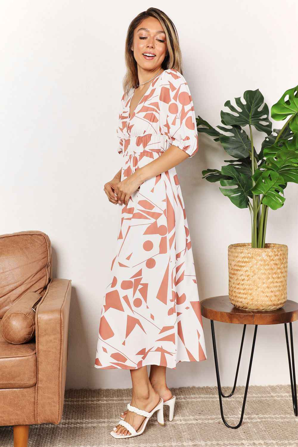 Printed Surplice Balloon Sleeve Dress - Liorienne
