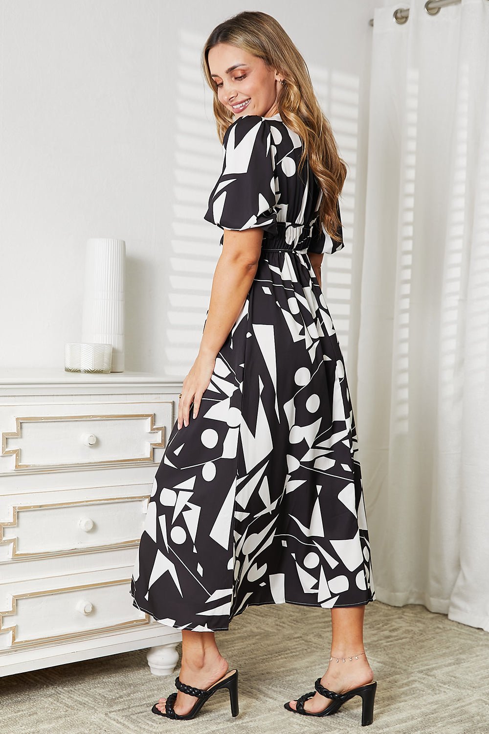 Printed Surplice Balloon Sleeve Dress - Liorienne
