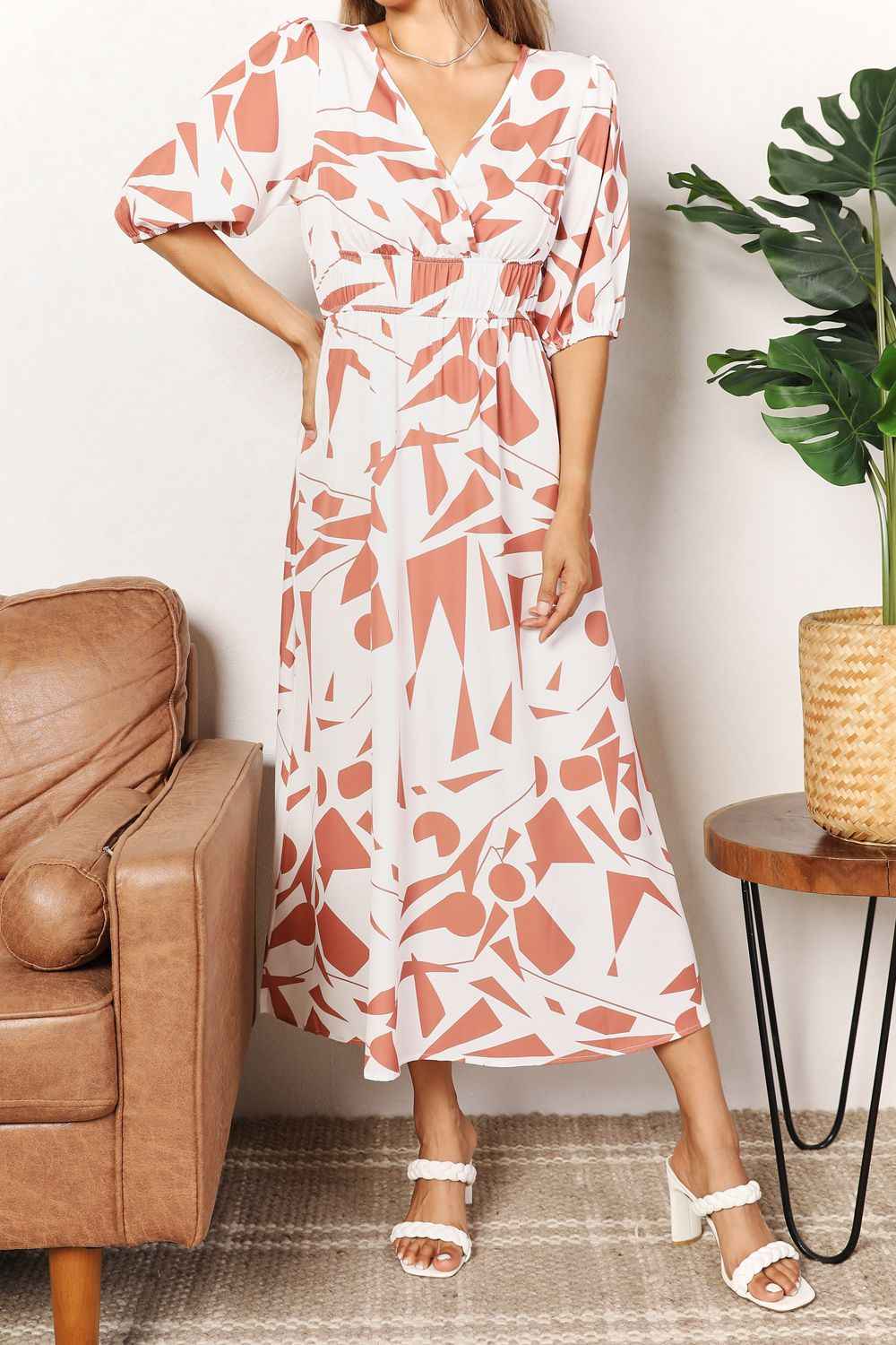 Printed Surplice Balloon Sleeve Dress - Liorienne