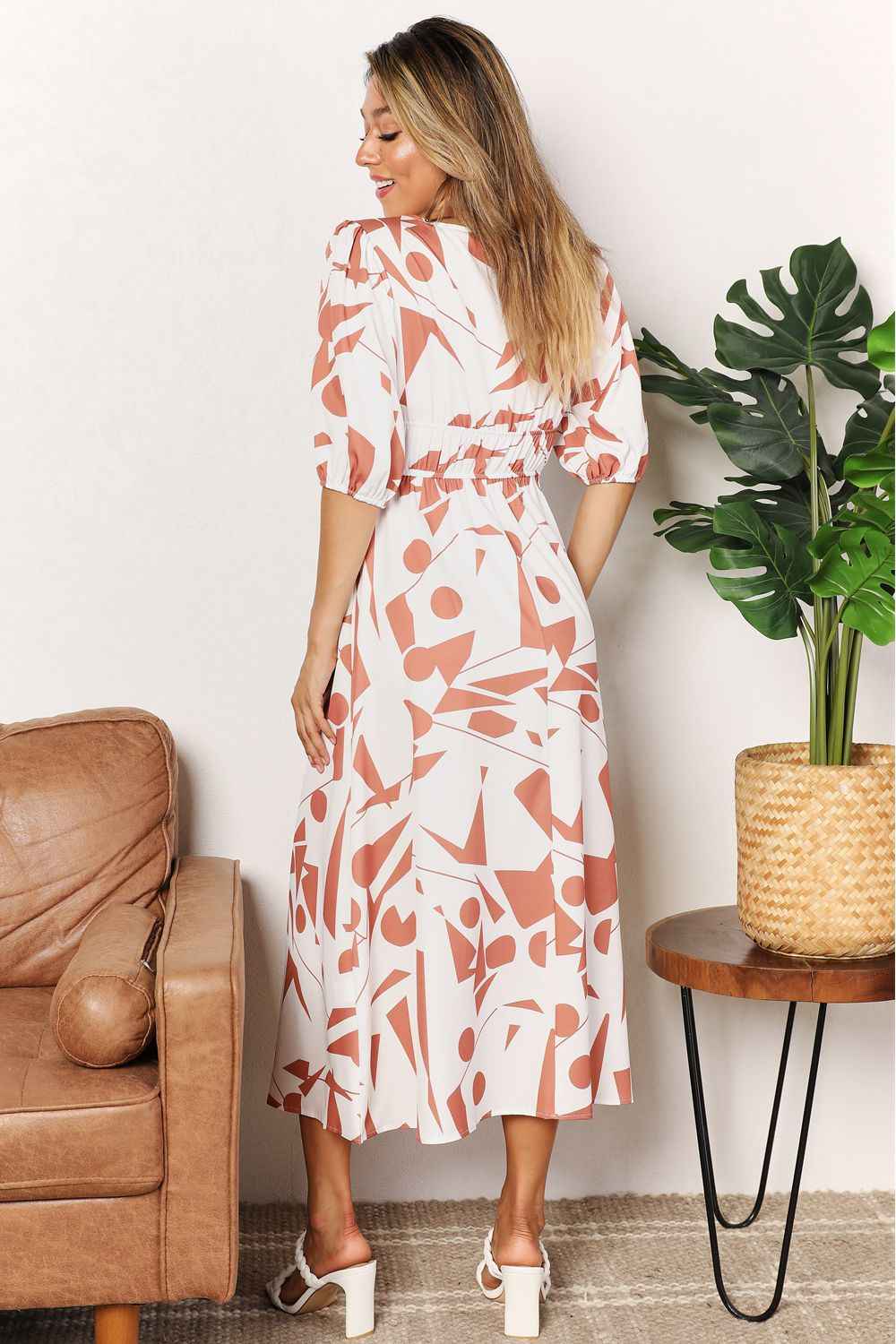 Printed Surplice Balloon Sleeve Dress - Liorienne