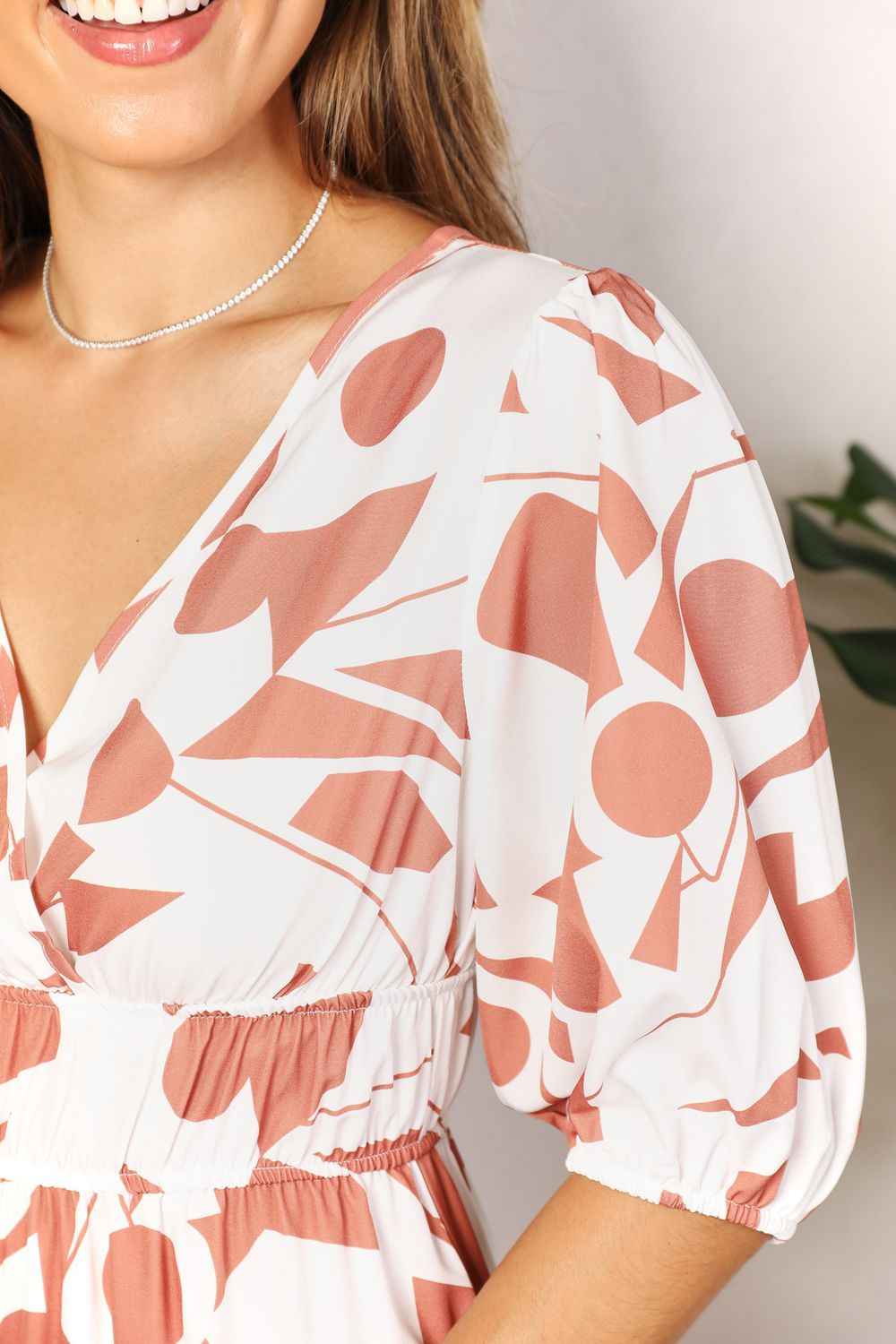 Printed Surplice Balloon Sleeve Dress - Liorienne