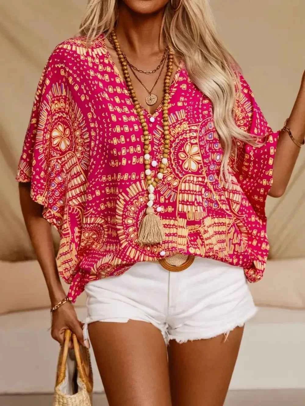 Printed V-Neck Half Sleeve Top - Liorienne