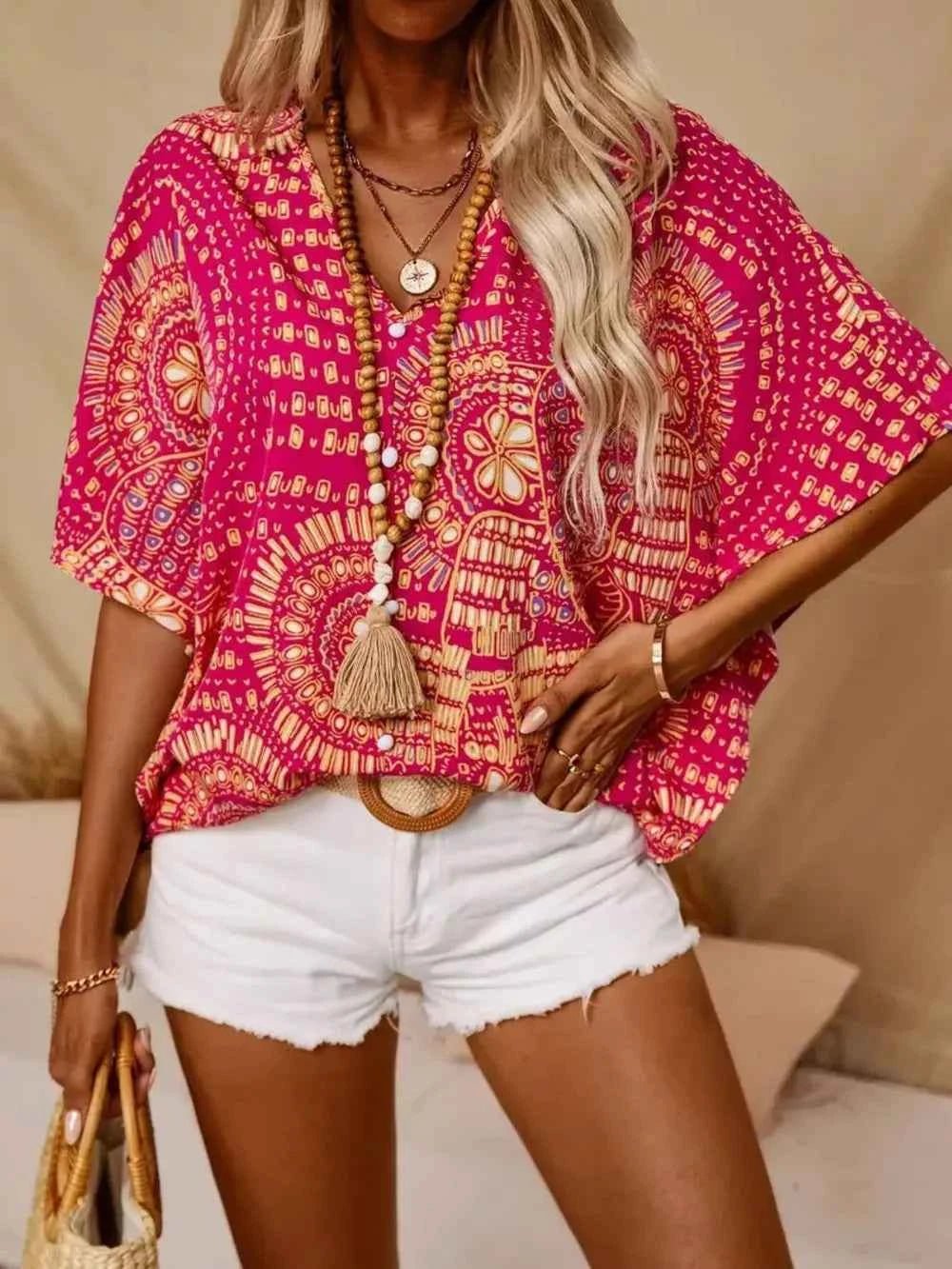 Printed V-Neck Half Sleeve Top - Liorienne