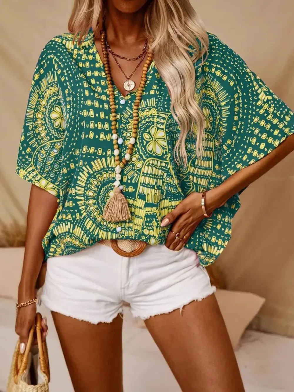 Printed V-Neck Half Sleeve Top - Liorienne