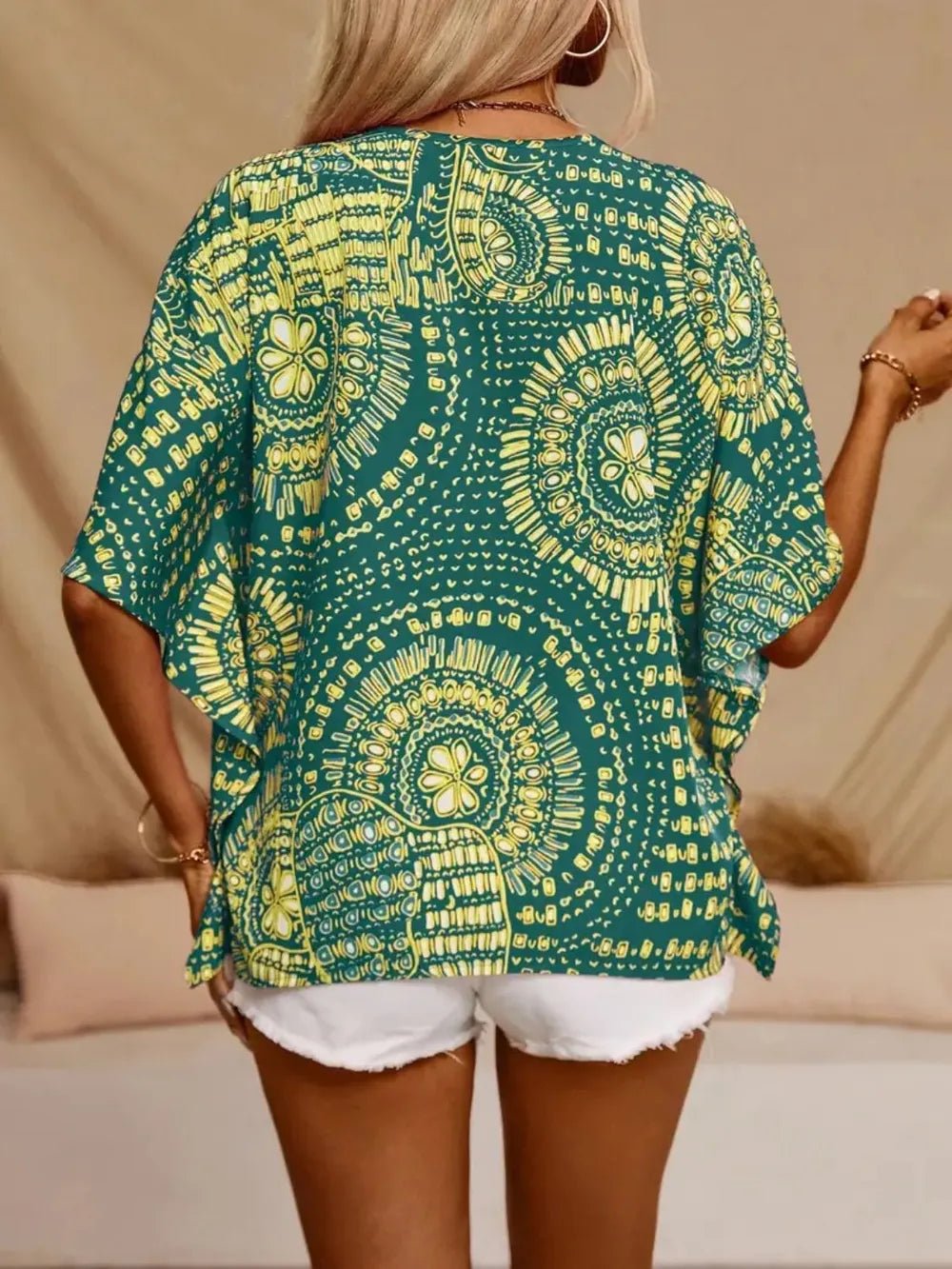 Printed V-Neck Half Sleeve Top - Liorienne
