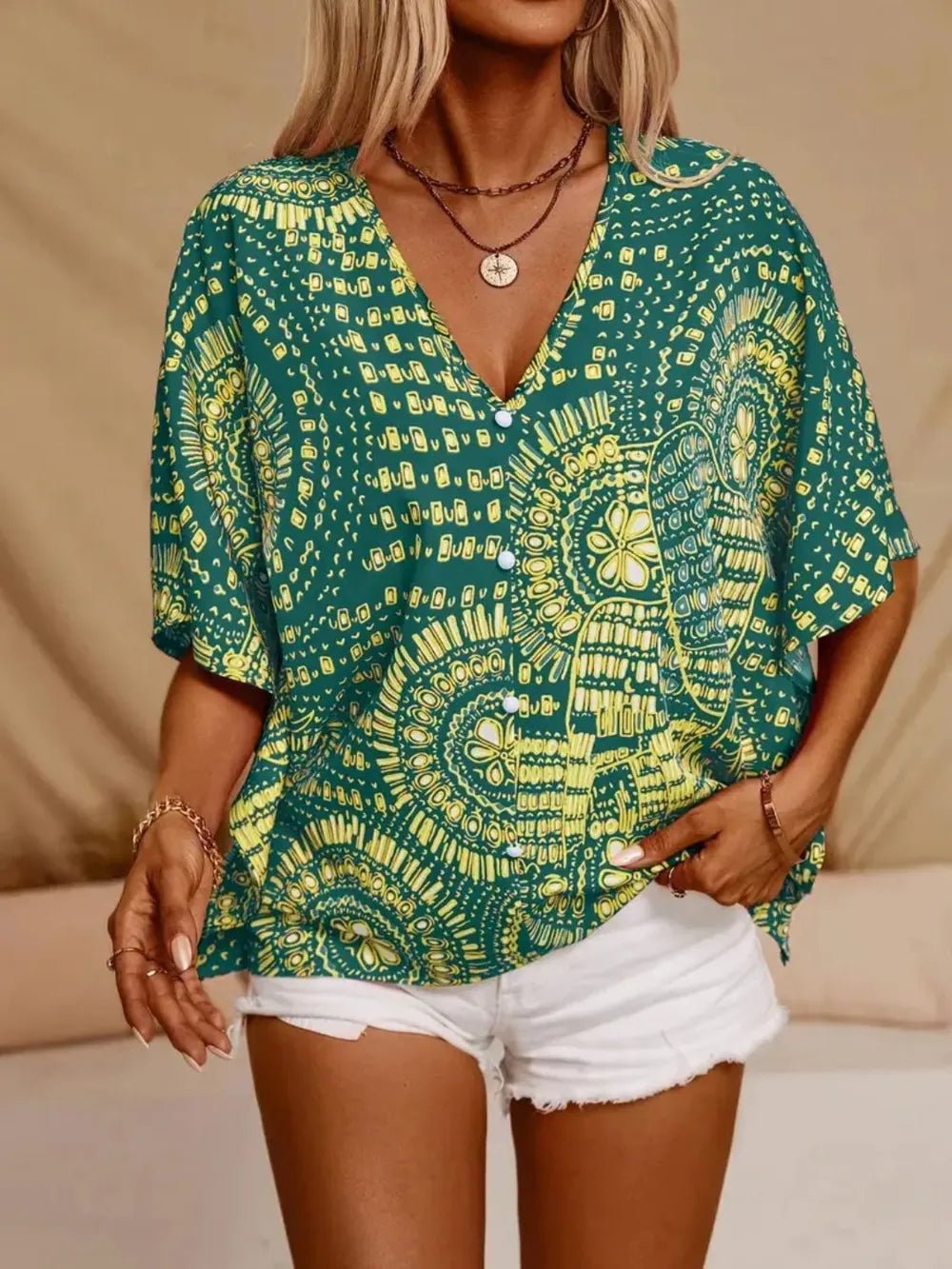 Printed V-Neck Half Sleeve Top - Excel Merchandise