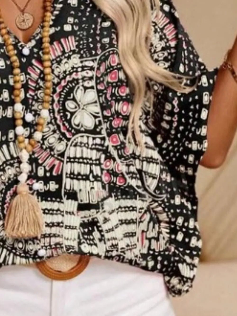 Printed V-Neck Half Sleeve Top - Liorienne