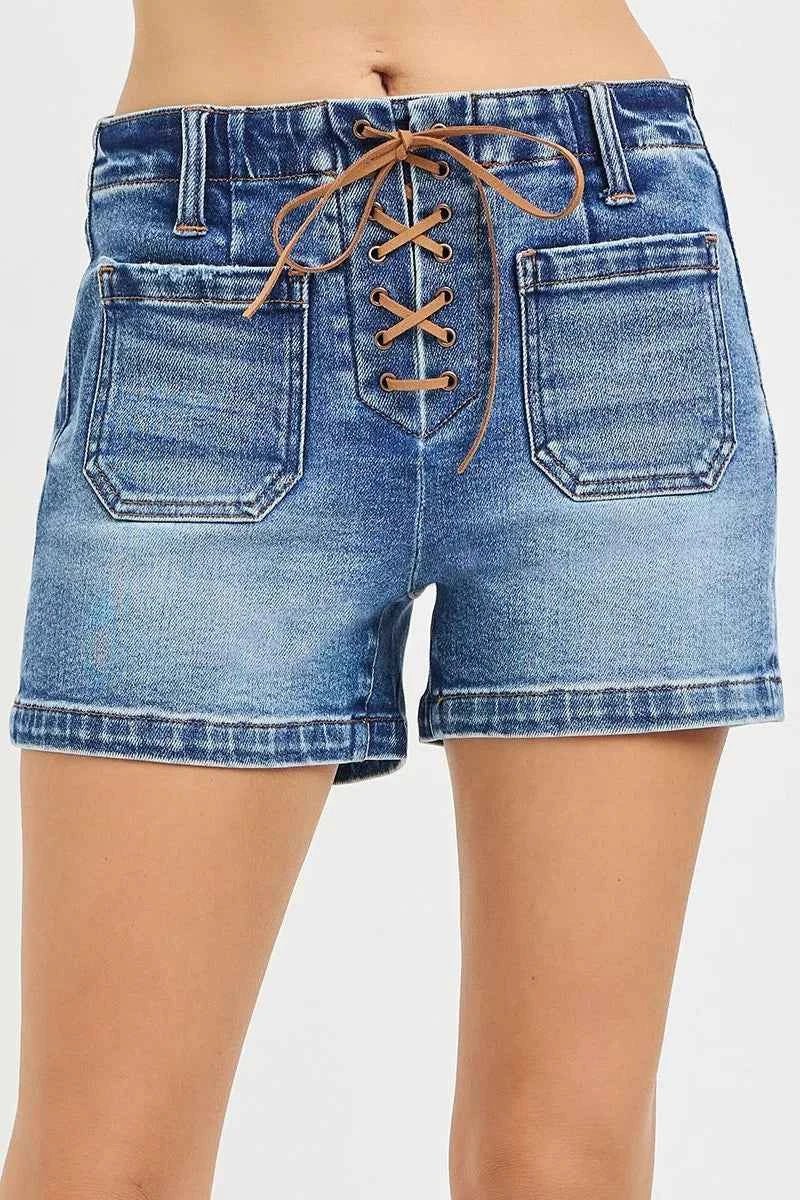 RISEN High Rise Front Tie Up Shorts with Patch Pockets - Liorienne
