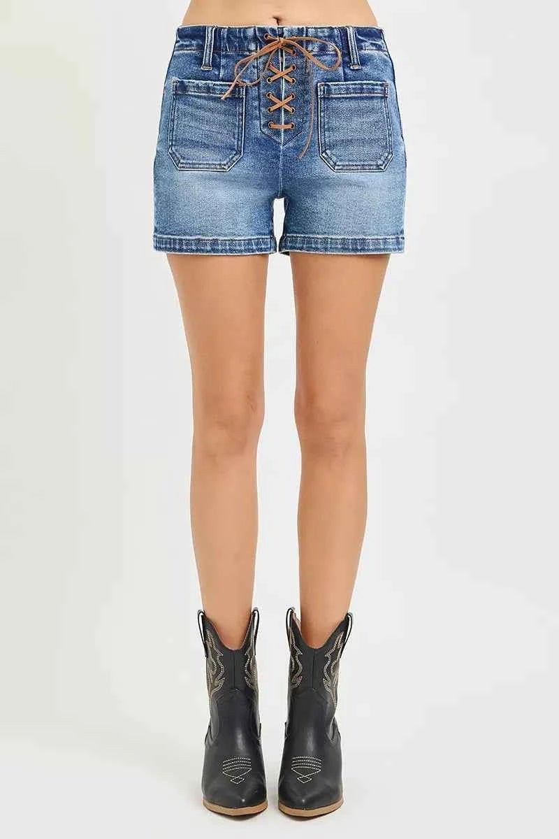 RISEN High Rise Front Tie Up Shorts with Patch Pockets - Liorienne