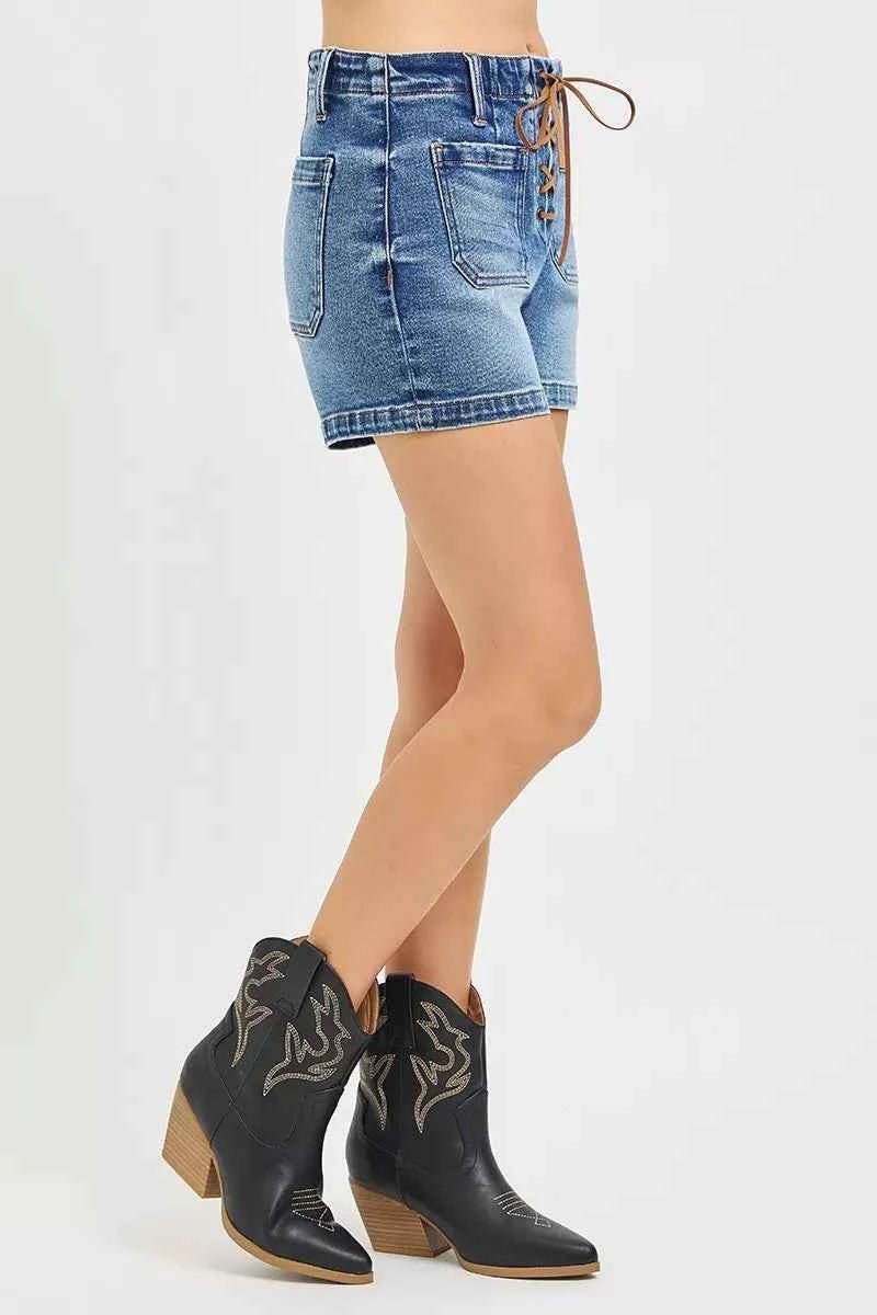 RISEN High Rise Front Tie Up Shorts with Patch Pockets - Liorienne