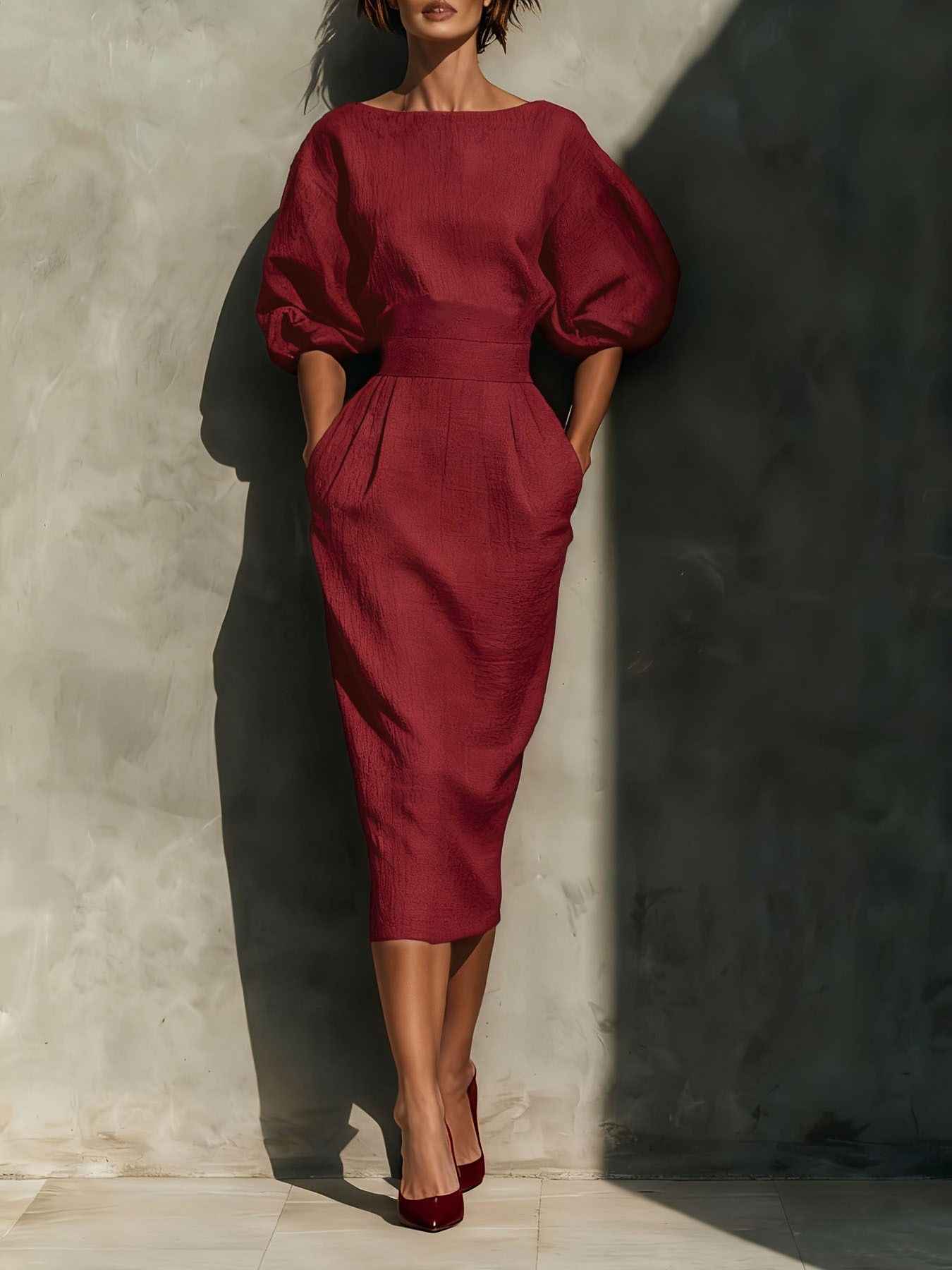 Round Neck Puff Sleeves Midi Dress - Excel Merchandise
