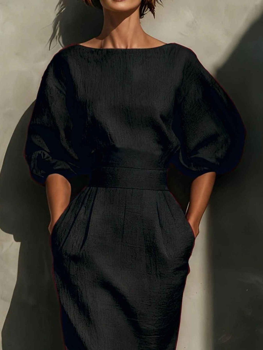 Round Neck Puff Sleeves Midi Dress - Excel Merchandise