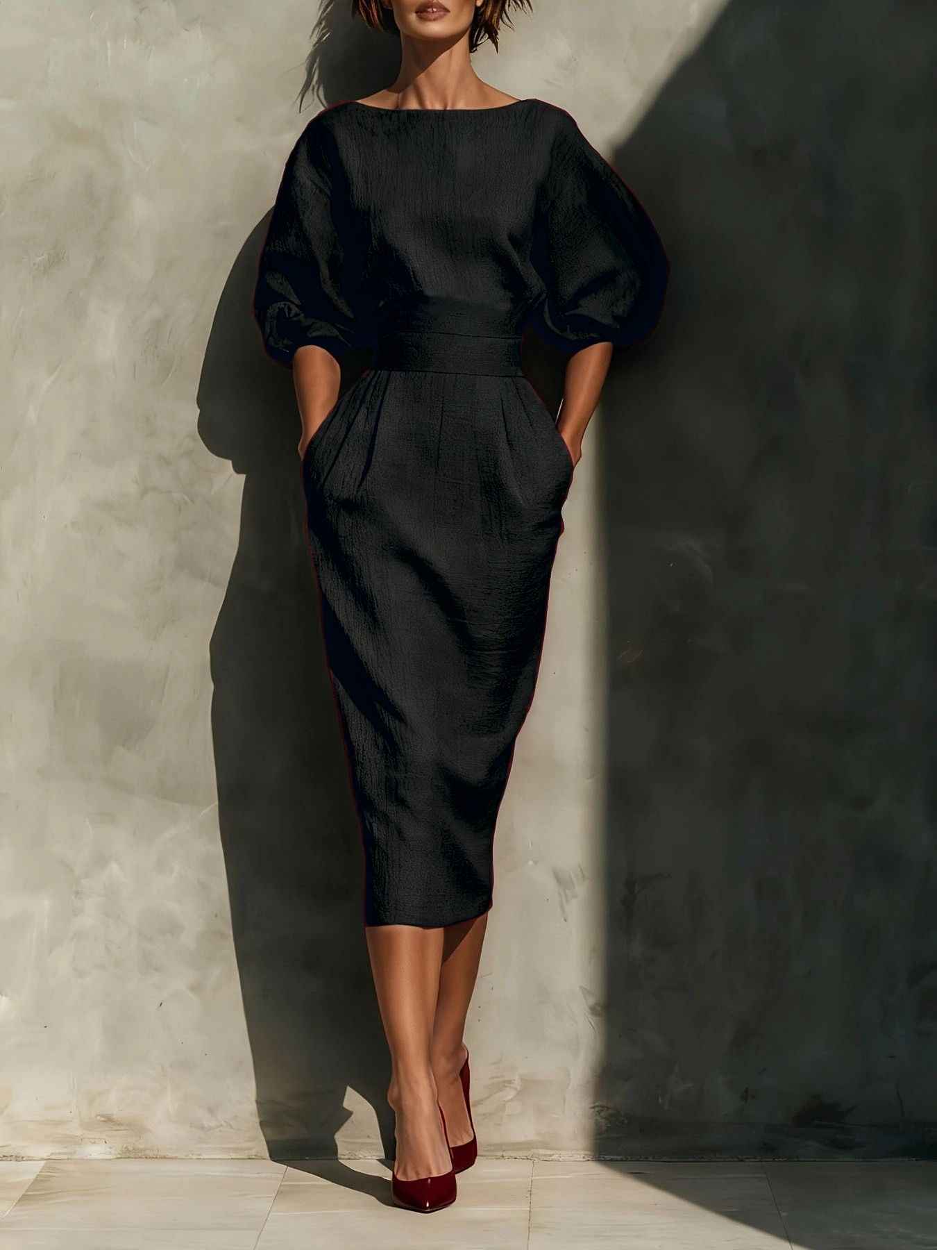 Round Neck Puff Sleeves Midi Dress - Excel Merchandise