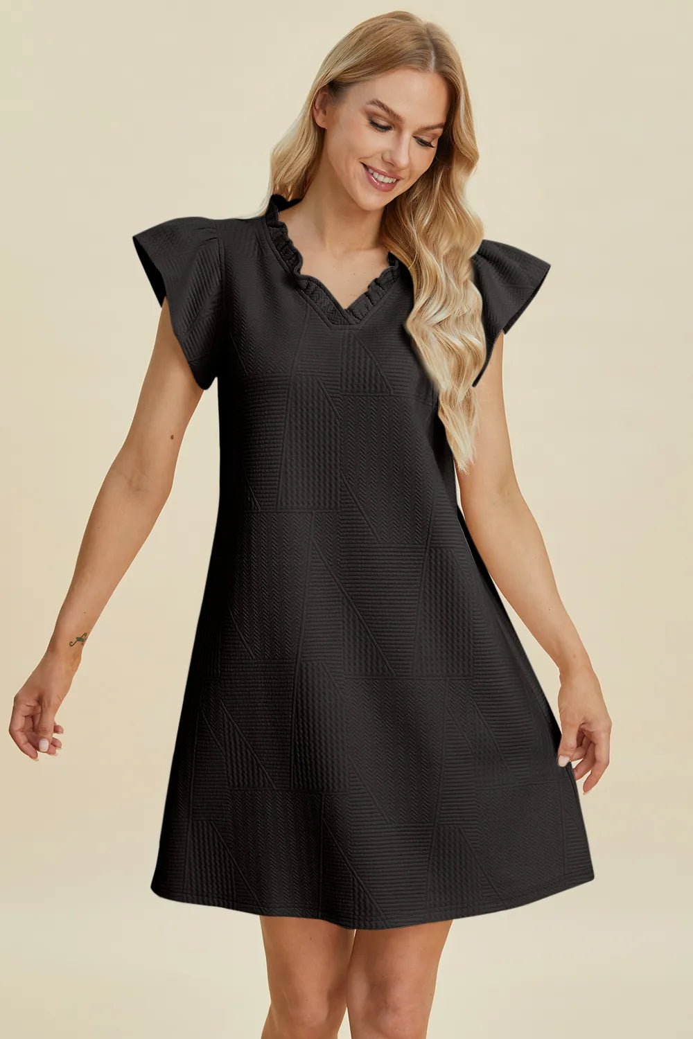 Ruffled V-Neck Cap Sleeve Dress - Double Take - Liorienne