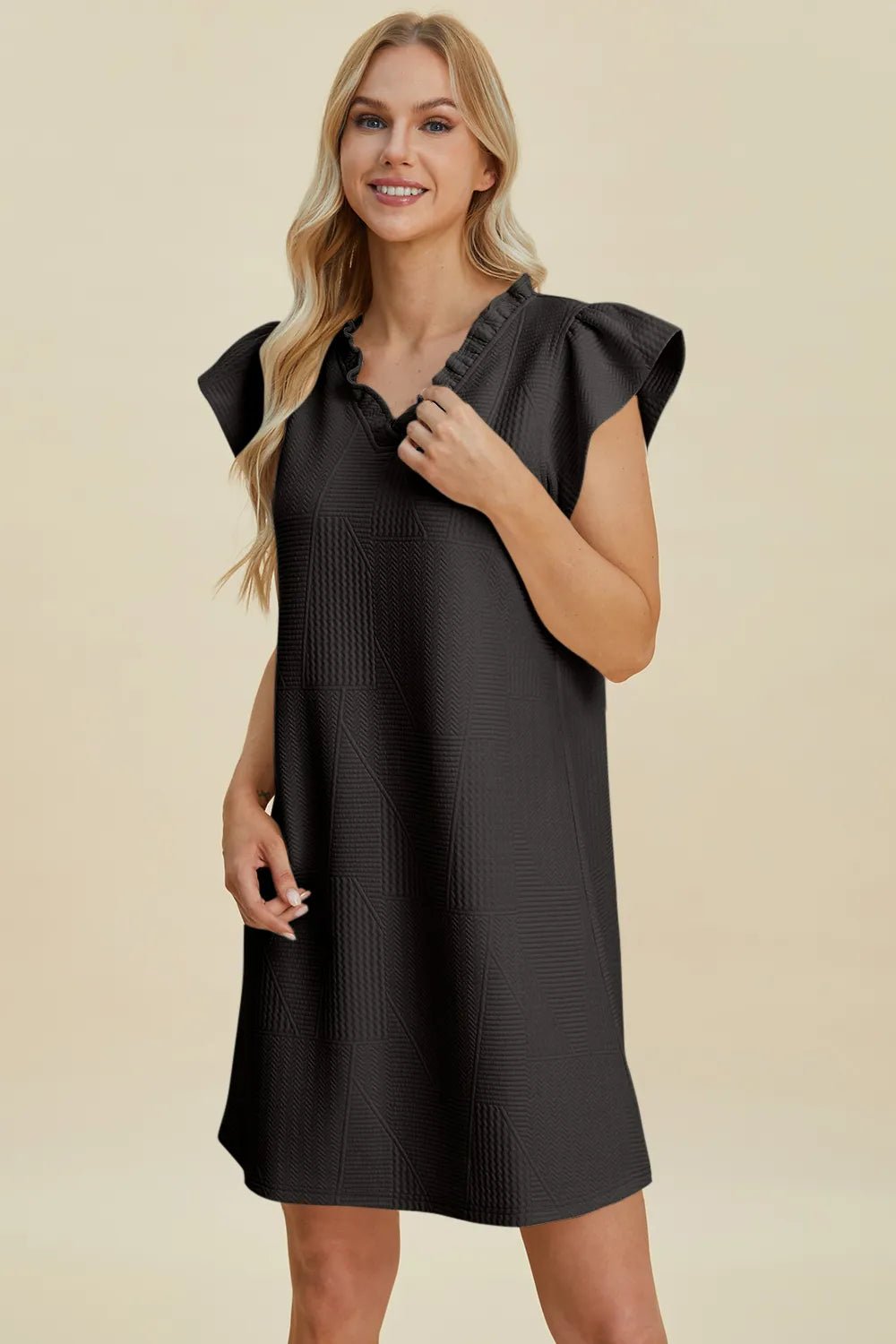 Ruffled V-Neck Cap Sleeve Dress - Double Take - Liorienne
