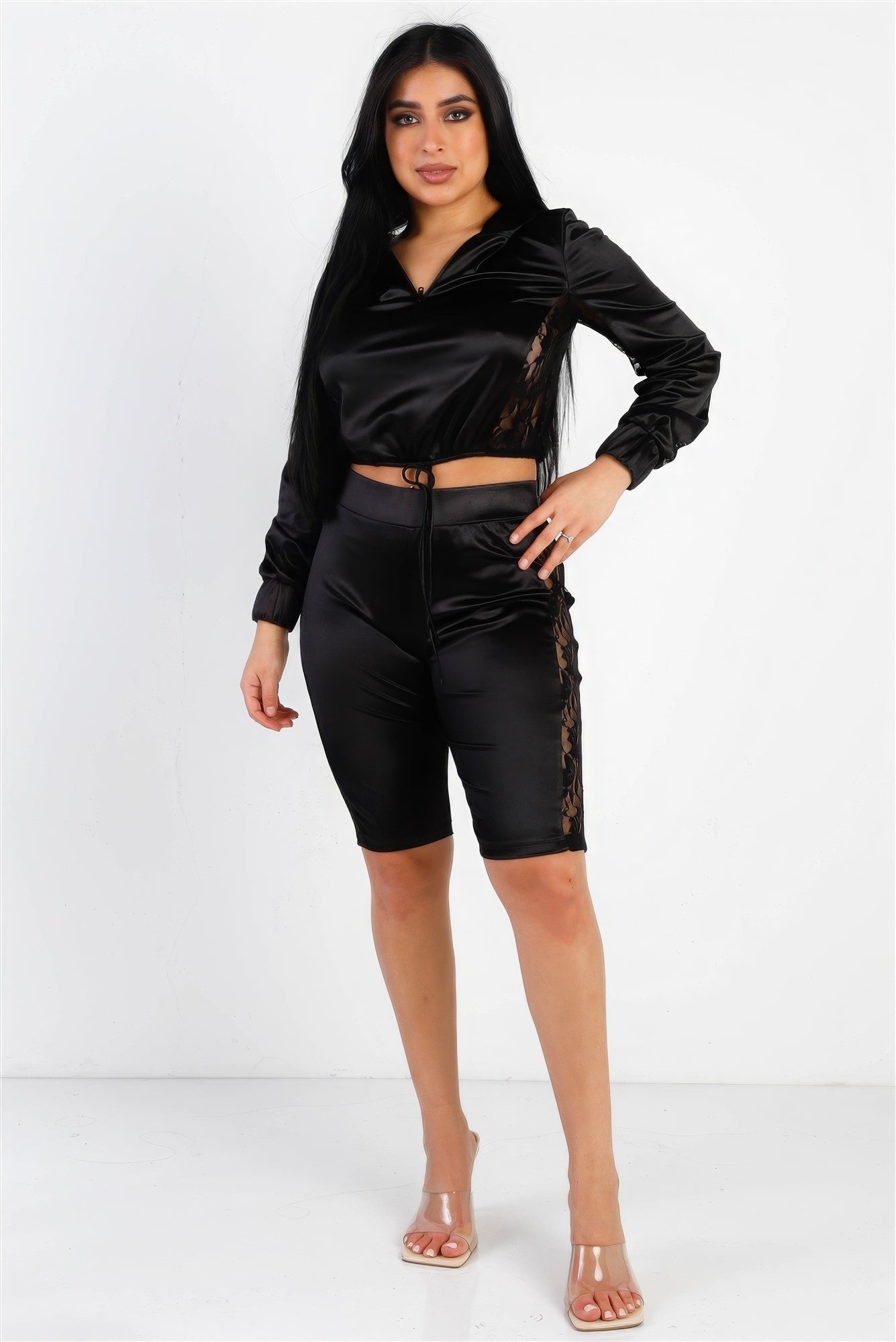 Satin Lace Details Long Sleeve Hooded Crop Top & Biker Short Set - Liorienne
