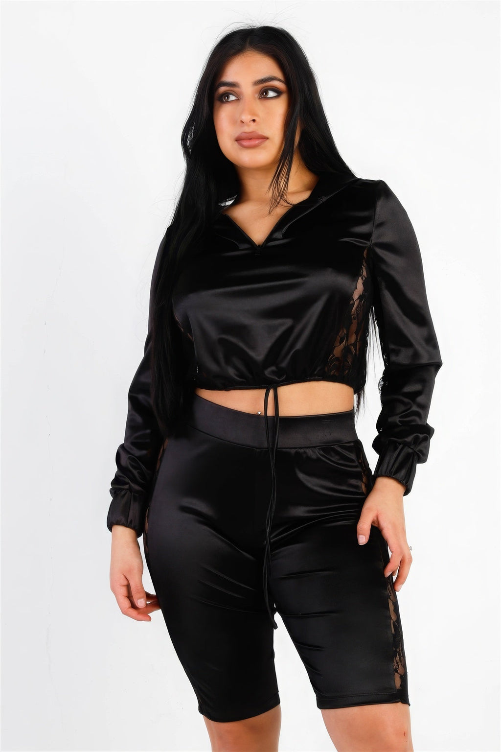 Satin Lace Details Long Sleeve Hooded Crop Top & Biker Short Set - Liorienne