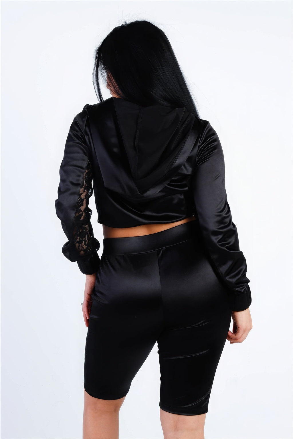 Satin Lace Details Long Sleeve Hooded Crop Top & Biker Short Set - Liorienne