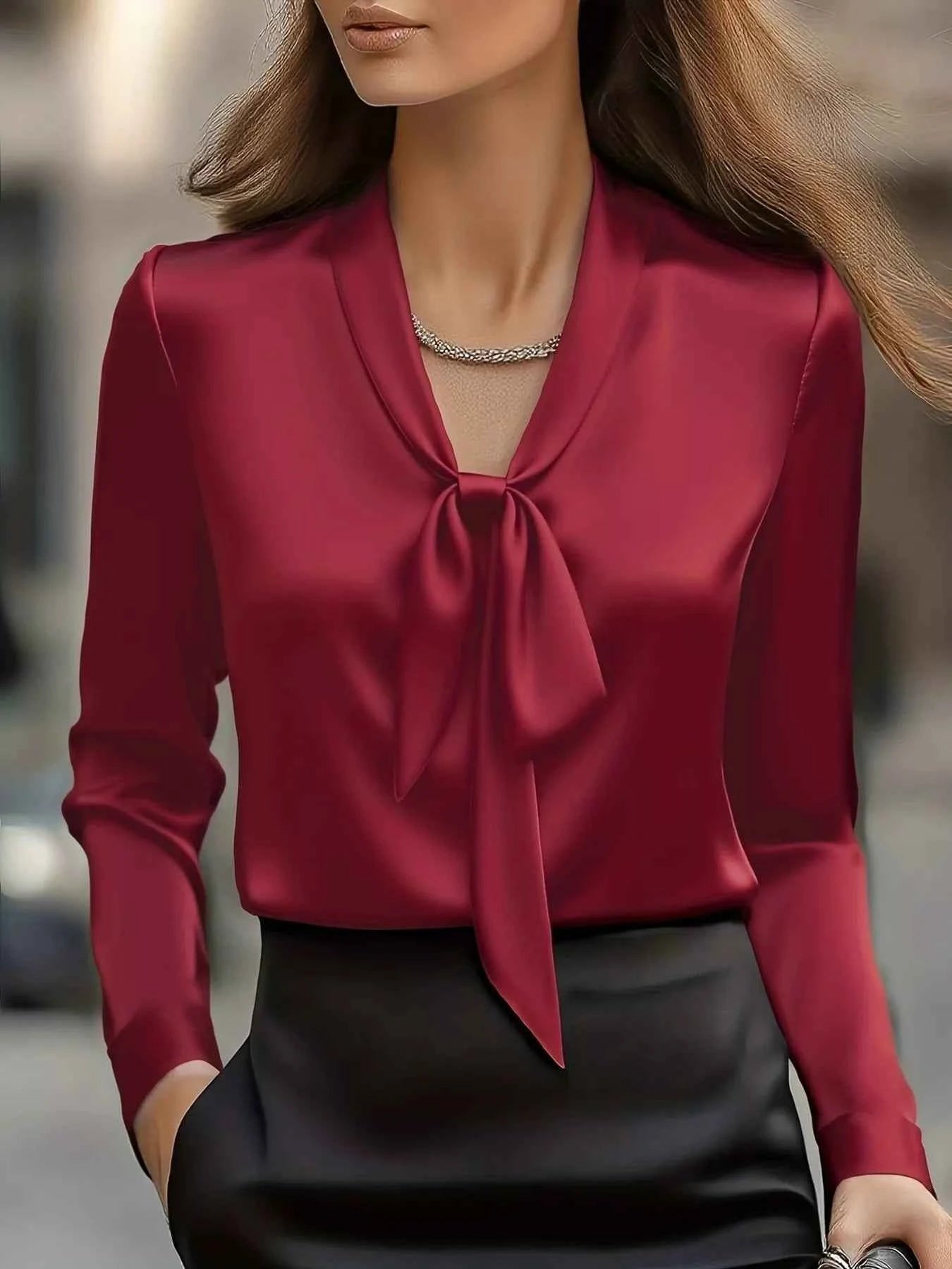 Satin Tie Front Long Sleeve Blouse - Excel Merchandise