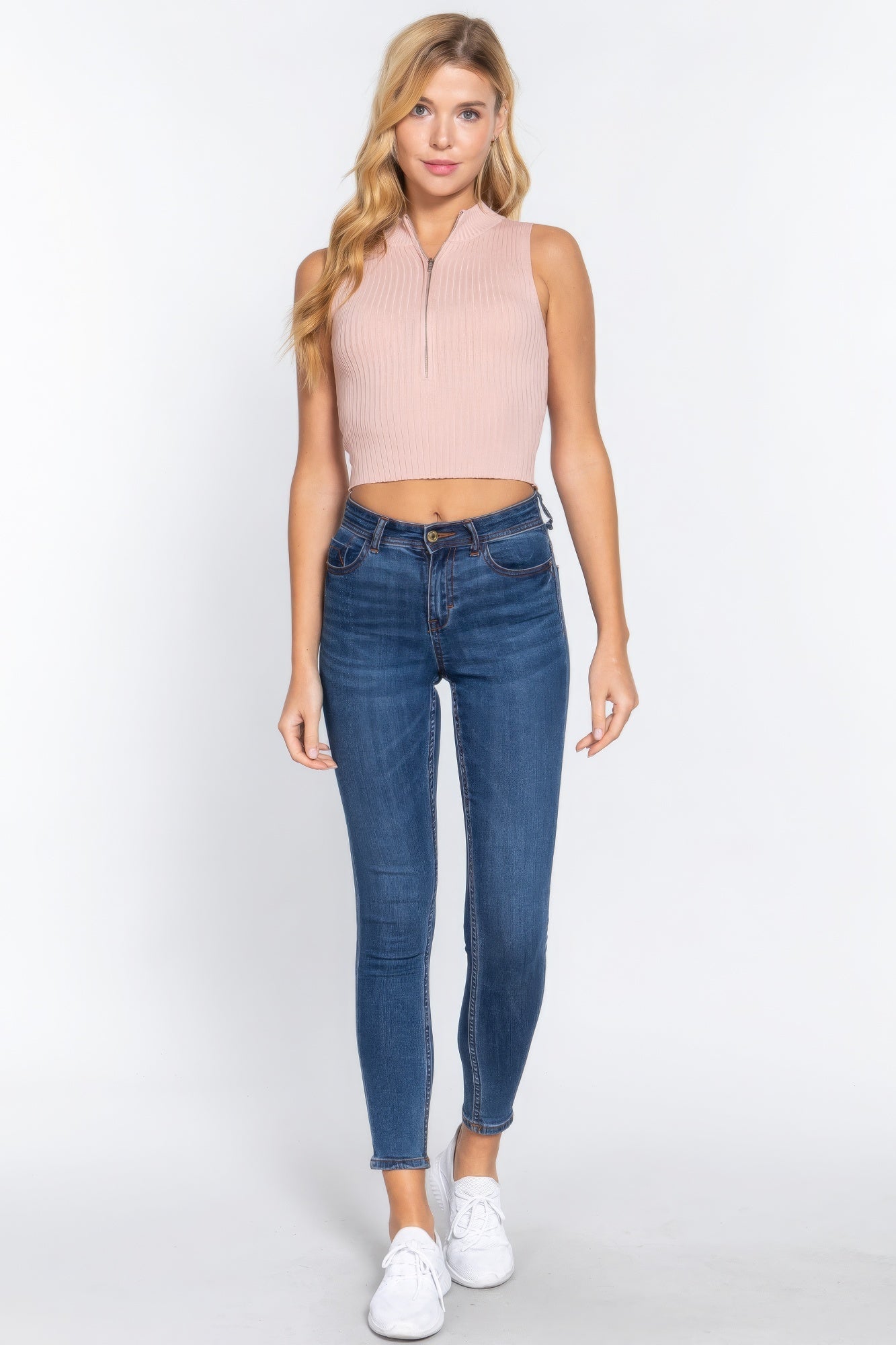 Sleeveless Rib Sweater Top W/zipper - Liorienne