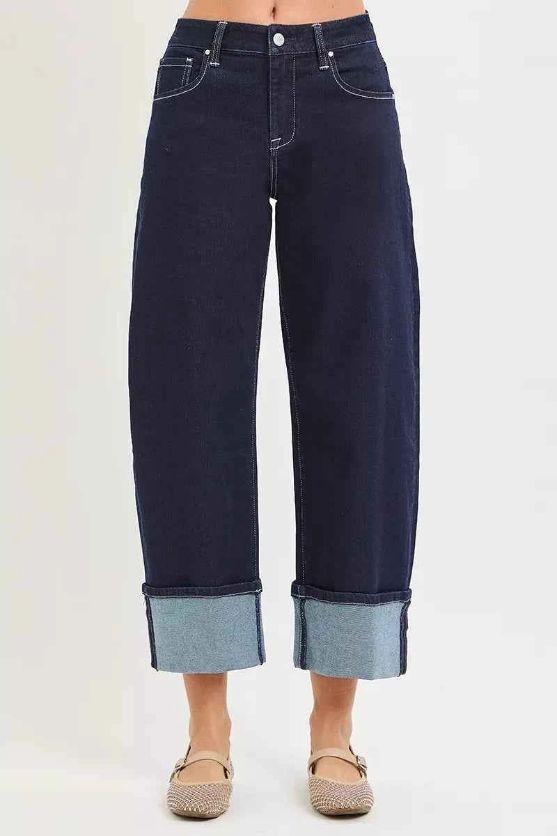Slouchy Crop Barrel Cuffed Hem Jeans - RISEN - Liorienne