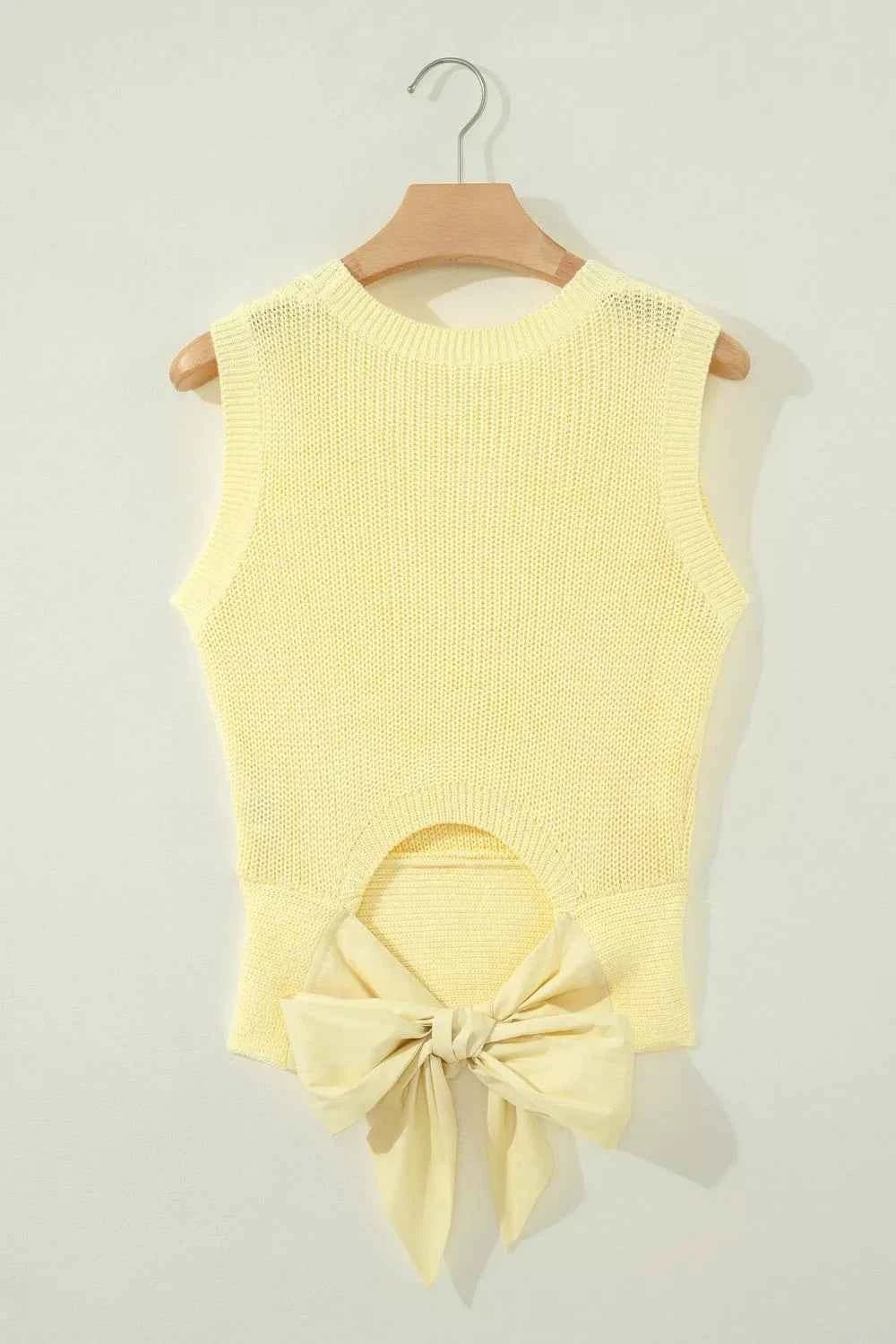 Solid Color Cropped Knit Knot Back Cutout Sweater Tank - Liorienne