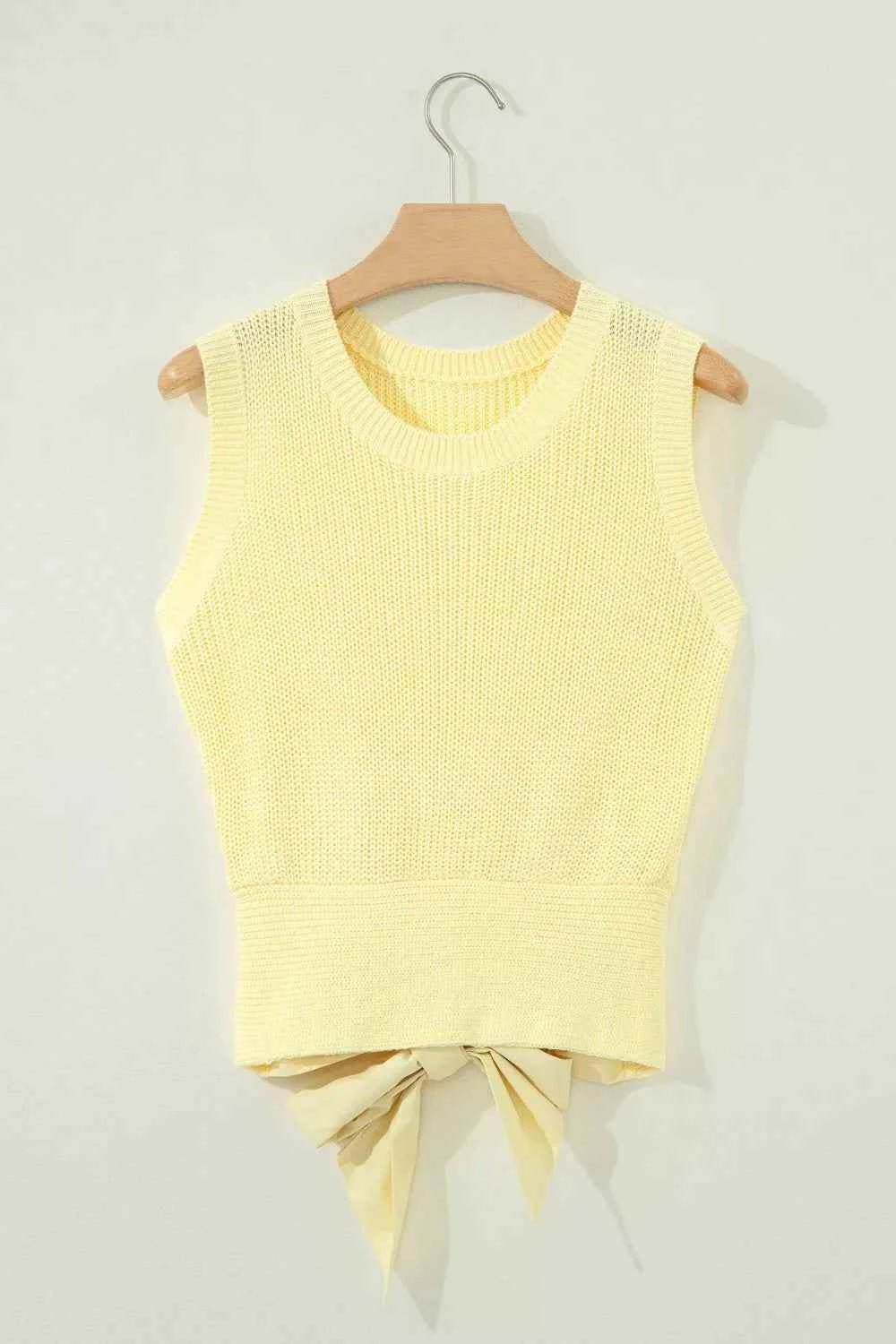 Solid Color Cropped Knit Knot Back Cutout Sweater Tank - Liorienne