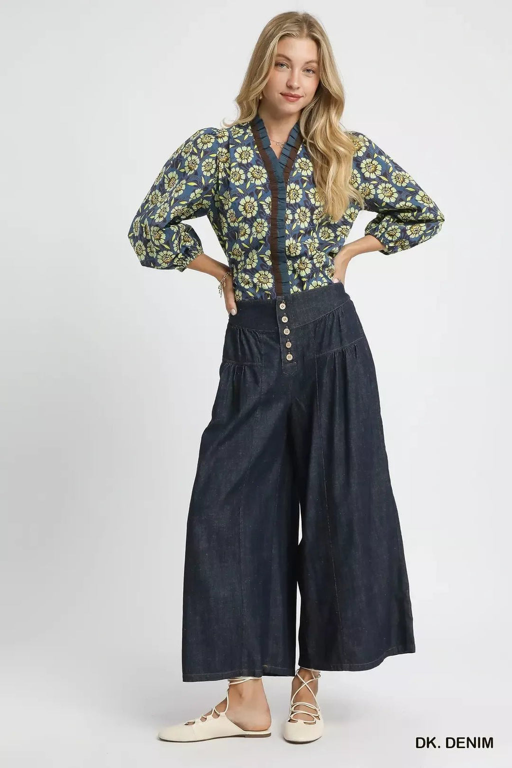Stone Washed Wide-Leg Button-Front Culottes - Liorienne