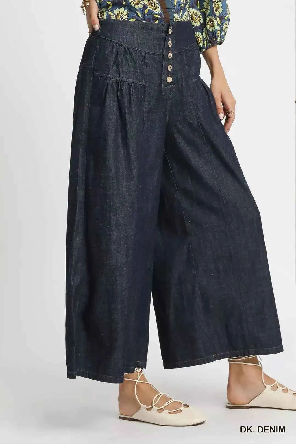 Stone Washed Wide-Leg Button-Front Culottes - Liorienne