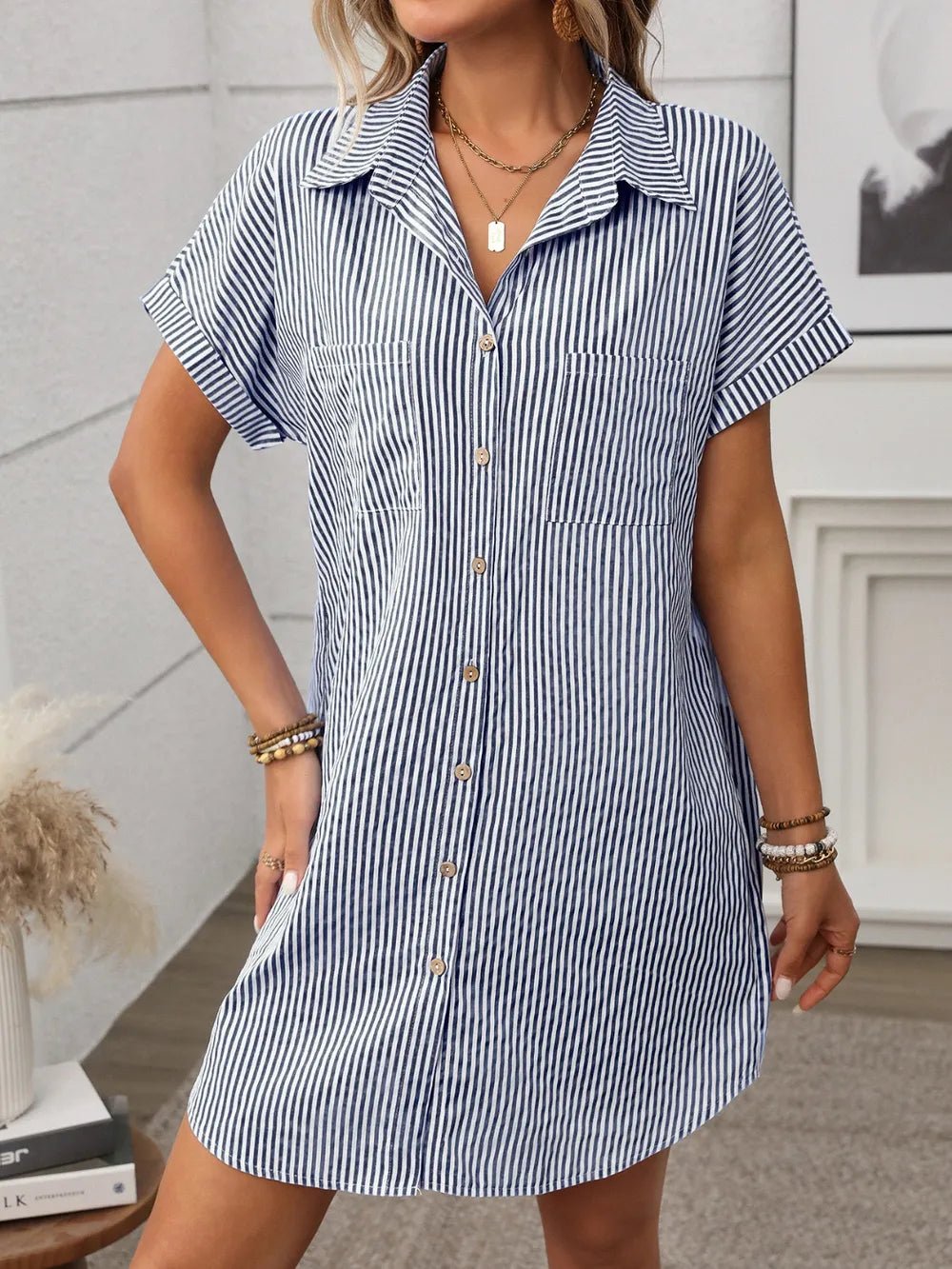 Striped Button Down Short Sleeve Mini Dress - Excel Merchandise