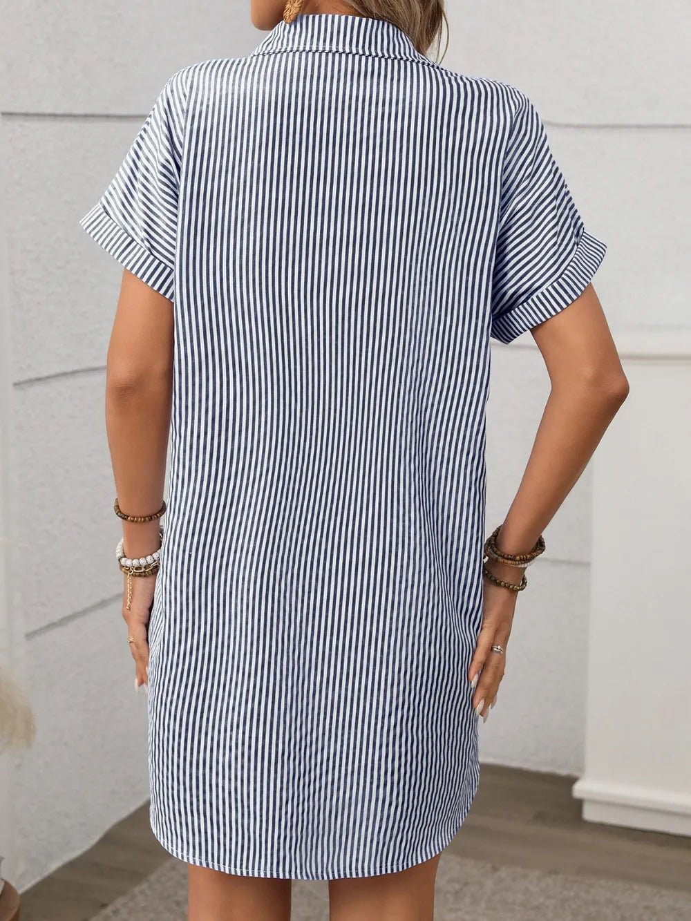 Striped Button Down Short Sleeve Mini Dress - Excel Merchandise