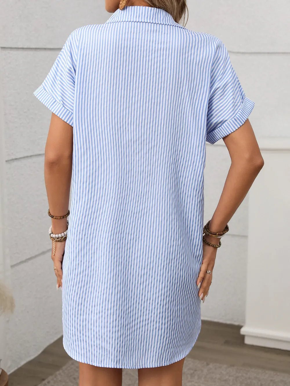 Striped Button Down Short Sleeve Mini Dress - Excel Merchandise