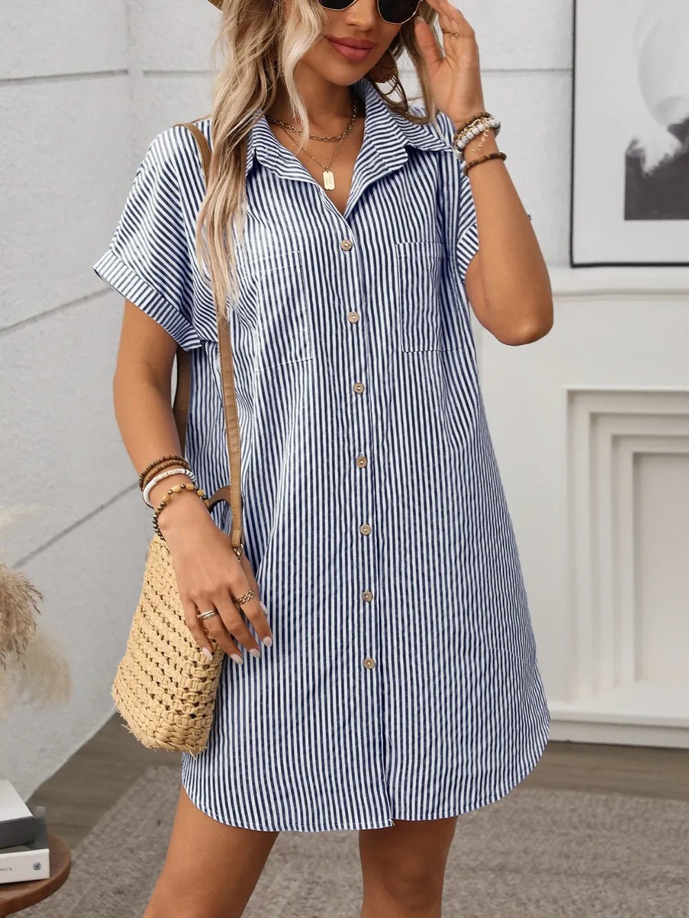 Striped Button Down Short Sleeve Mini Dress - Excel Merchandise