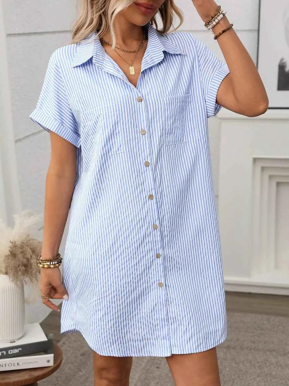Striped Button Down Short Sleeve Mini Dress - Excel Merchandise