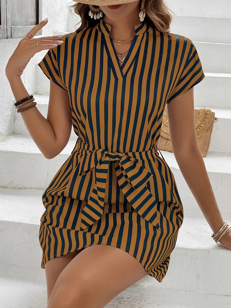 Striped Tie Waist Mini Dress - Excel Merchandise