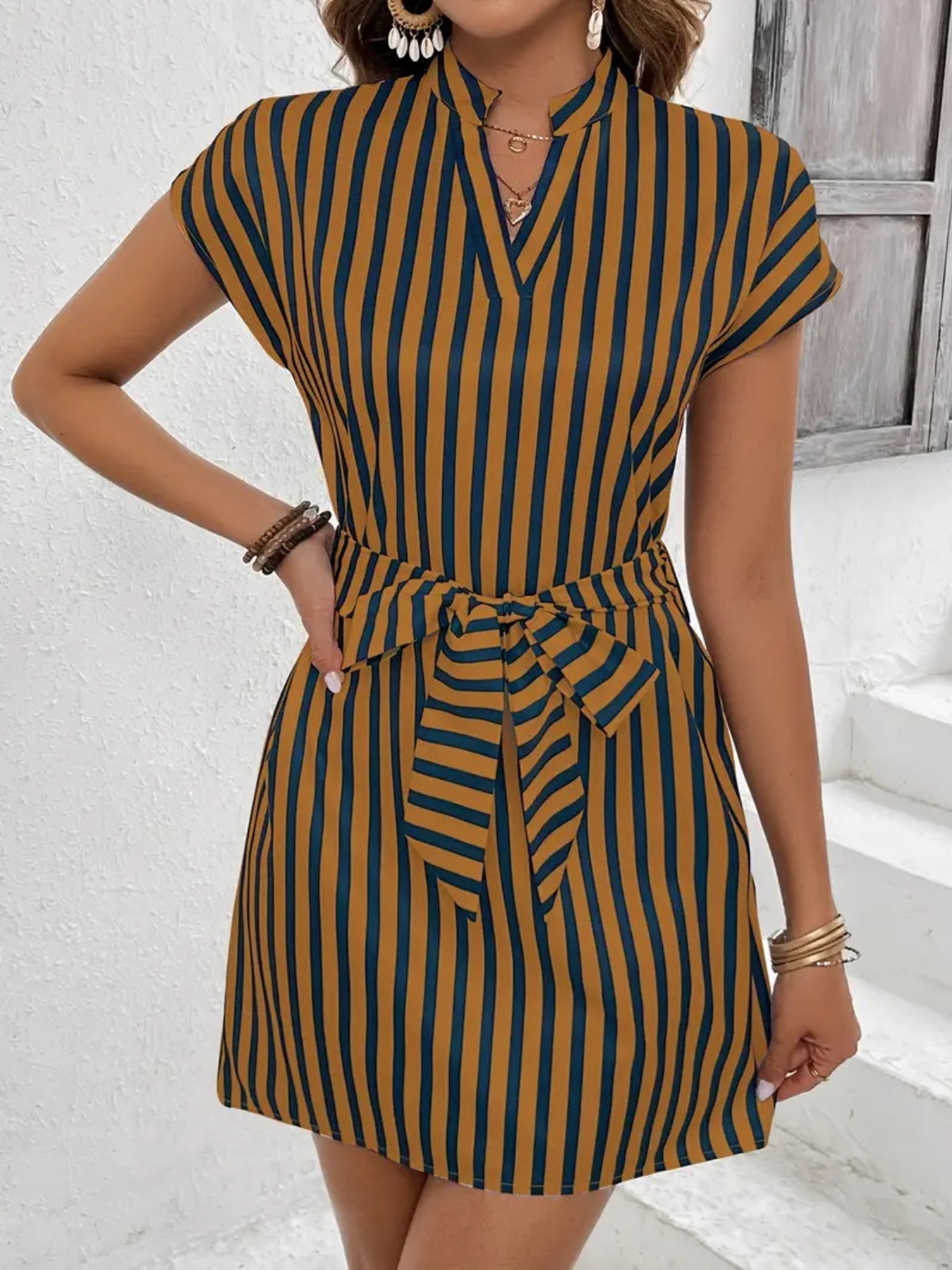 Striped Tie Waist Mini Dress - Excel Merchandise