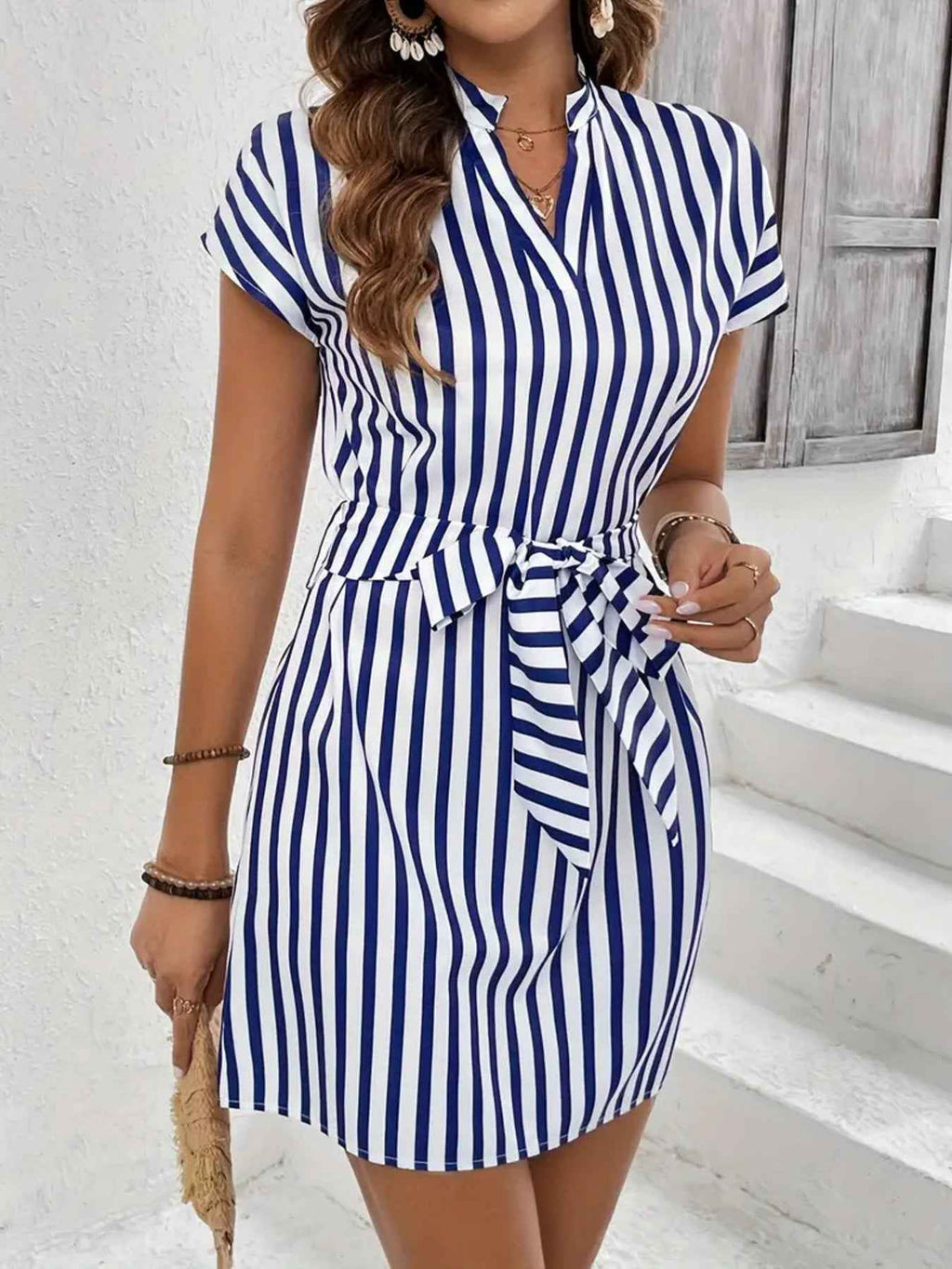 Striped Tie Waist Mini Dress - Excel Merchandise