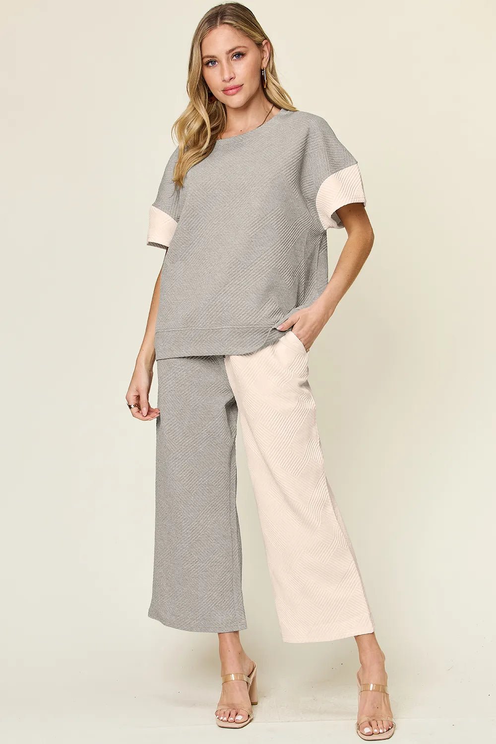 Texture Contrast T-Shirt and Wide Leg Pants Set - Double Take - Liorienne