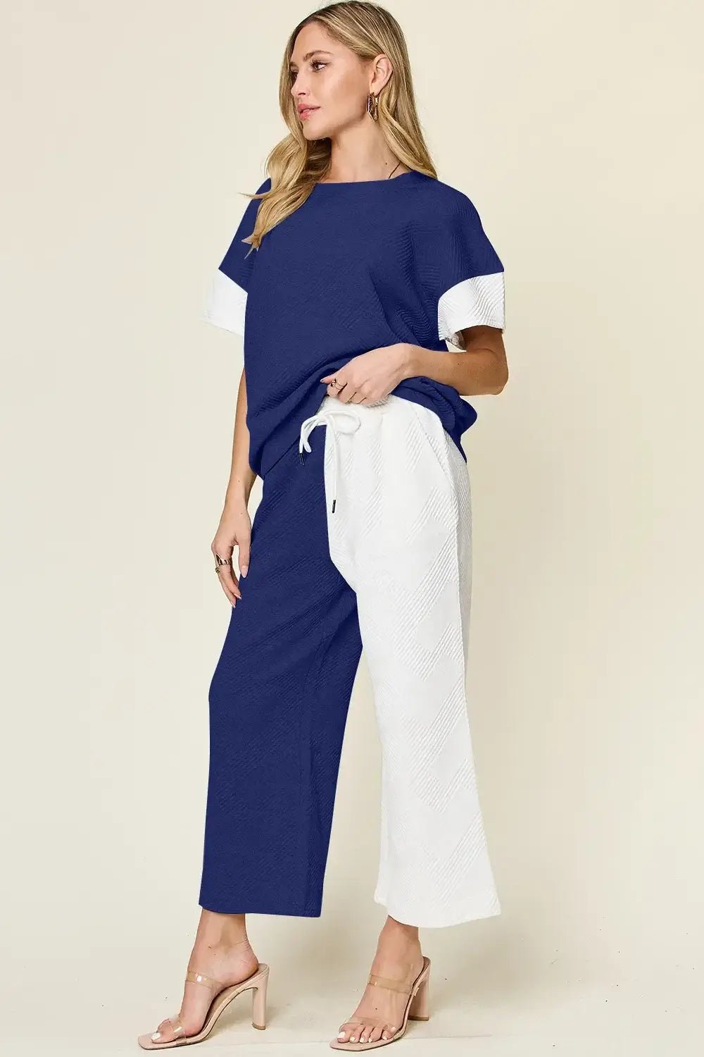 Texture Contrast T-Shirt and Wide Leg Pants Set - Double Take - Liorienne