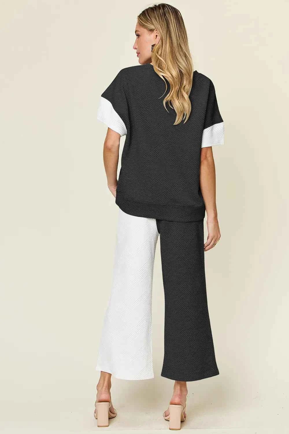 Texture Contrast T-Shirt and Wide Leg Pants Set - Double Take - Liorienne