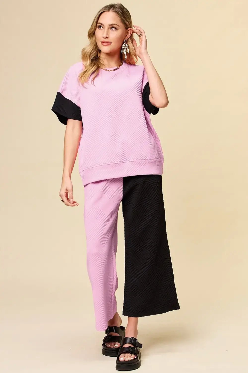 Texture Contrast T-Shirt and Wide Leg Pants Set - Double Take - Liorienne